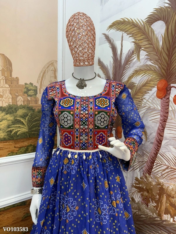 Azorte Fashion N aux Georgette Gown with Gamthi Jacquard Neck & Lace Border – 4 Meter Flair – Fully Stitched  - Burnt Umber, XXL 44