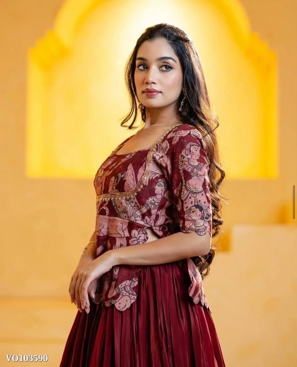 Azorte Fashion N  Kalamkari Chinon Crop Top Lehenga Set by Azorte fashion – Fully Stitched - XXL 42