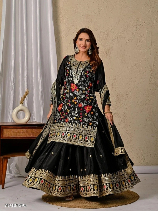 Azorte Fashion N Heavy Chinon Silk Sharara Suit Set with 5mm Sequin Embroidery Work – Fully Stitched - M 38