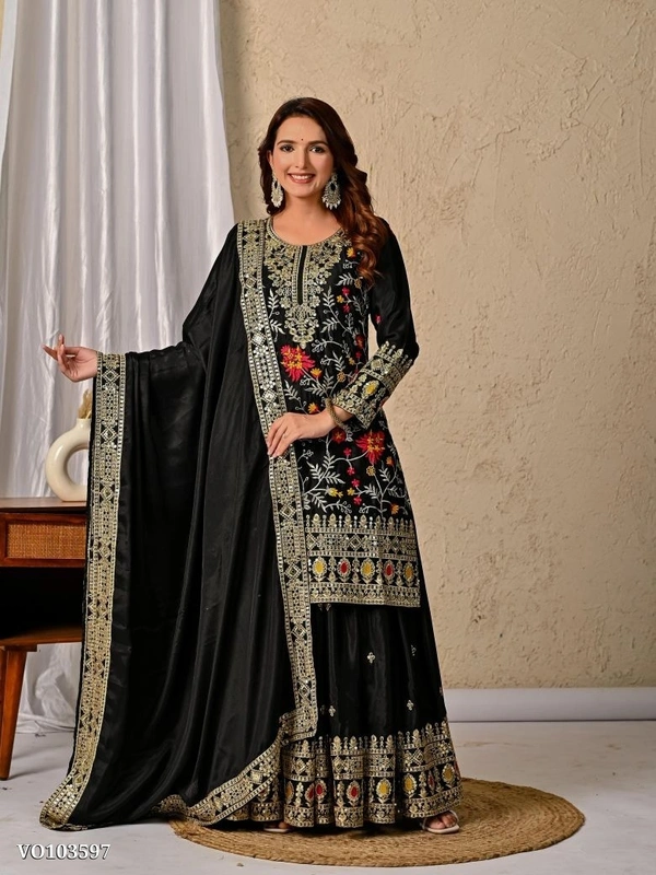 Azorte Fashion N Heavy Chinon Silk Sharara Suit Set with 5mm Sequin Embroidery Work – Fully Stitched - M 38