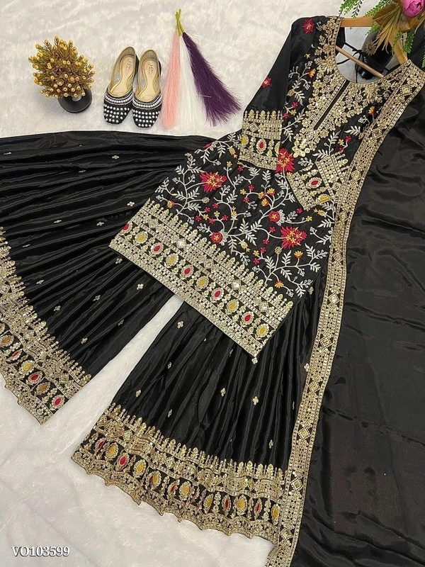 Azorte Fashion N Heavy Chinon Silk Sharara Suit Set with 5mm Sequin Embroidery Work – Fully Stitched - M 38