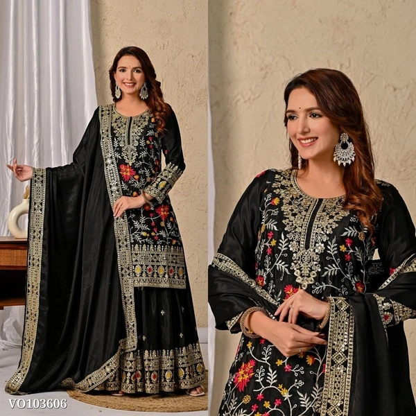 Azorte Fashion N Heavy Chinon Silk Sharara Suit Set with 5mm Sequin Embroidery Work – Fully Stitched - M 38
