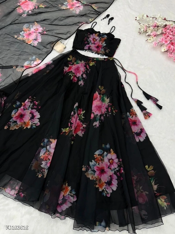 Floral Printed Organza Silk Lehenga Choli Set with Handwork Lace & 8 Meter Flair – Fully Stitched Blouse