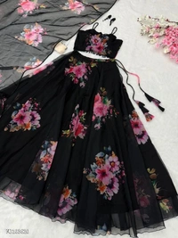 Azorte Fashion N Floral Printed Organza Silk Lehenga Choli Set with Handwork Lace & 8 Meter Flair – Fully Stitched Blouse - XXL