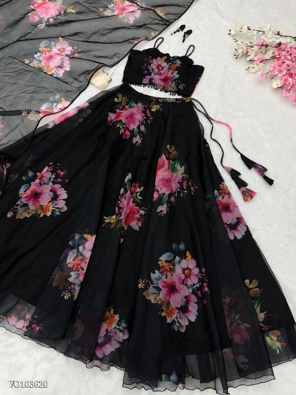 Azorte Fashion N Floral Printed Organza Silk Lehenga Choli Set with Handwork Lace & 8 Meter Flair – Fully Stitched Blouse - XXL