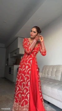 Azorte Fashion N Designer Faux Georgette Gown Set with Sequin & Thread Work – Stitched Top & Pant (M to XXL with 3XL Margin) | Dual Side Work | Made in India - L 40