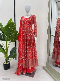 Azorte Fashion N Designer Faux Georgette Gown Set with Sequin & Thread Work – Stitched Top & Pant (M to XXL with 3XL Margin) | Dual Side Work | Made in India - L 40