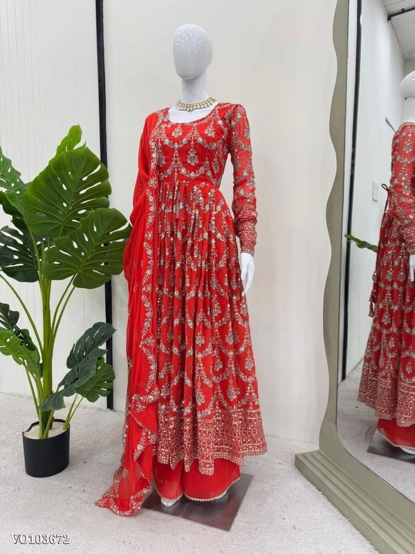 Azorte Fashion N Designer Faux Georgette Gown Set with Sequin & Thread Work – Stitched Top & Pant (M to XXL with 3XL Margin) | Dual Side Work | Made in India - L 40