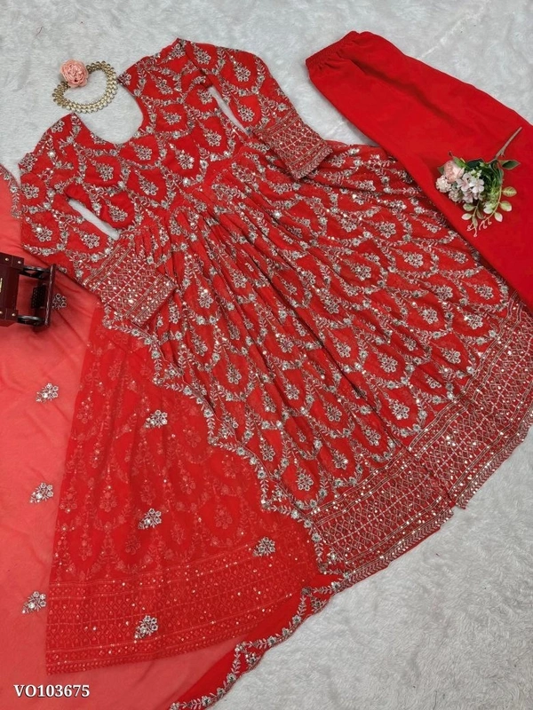 Azorte Fashion N Designer Faux Georgette Gown Set with Sequin & Thread Work – Stitched Top & Pant (M to XXL with 3XL Margin) | Dual Side Work | Made in India - L 40