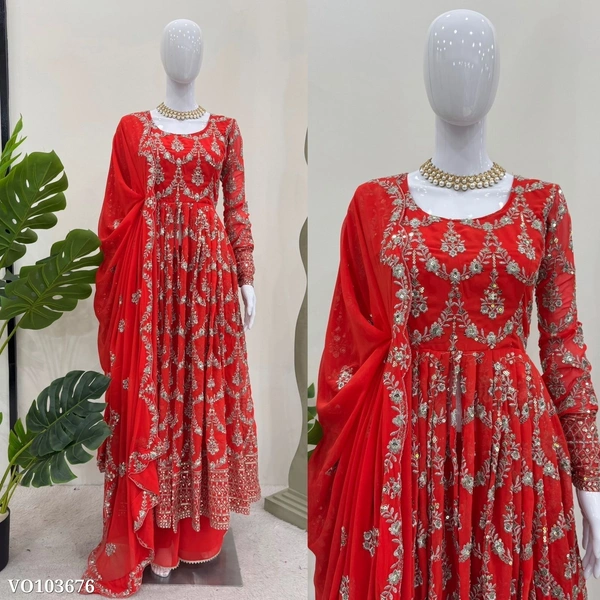 Azorte Fashion N Designer Faux Georgette Gown Set with Sequin & Thread Work – Stitched Top & Pant (M to XXL with 3XL Margin) | Dual Side Work | Made in India - L 40