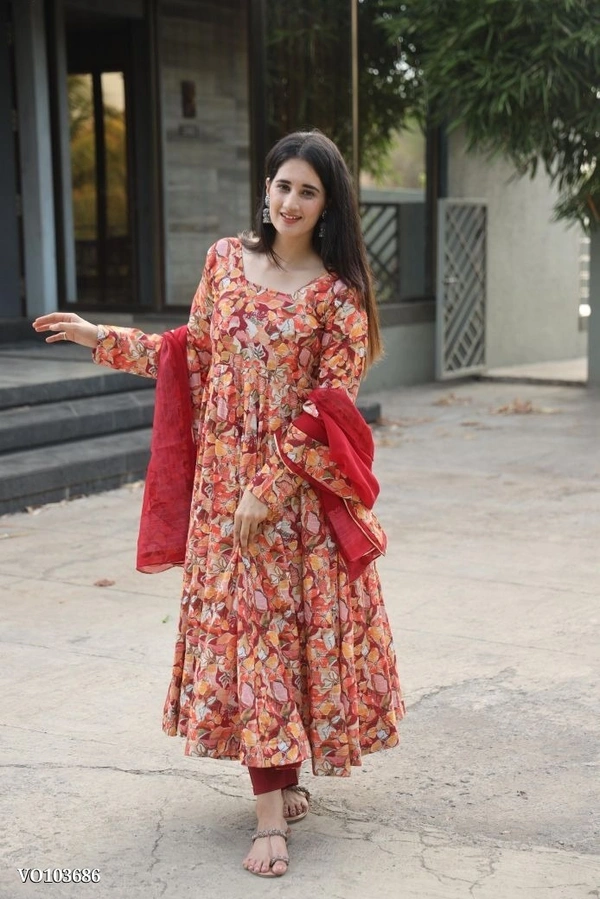 Azorte Fashion N Muslin Cross Embroidery Digital Print Gown Set with Pant & Dupatta - M