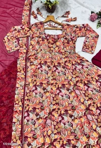 Azorte Fashion N Muslin Cross Embroidery Digital Print Gown Set with Pant & Dupatta - M
