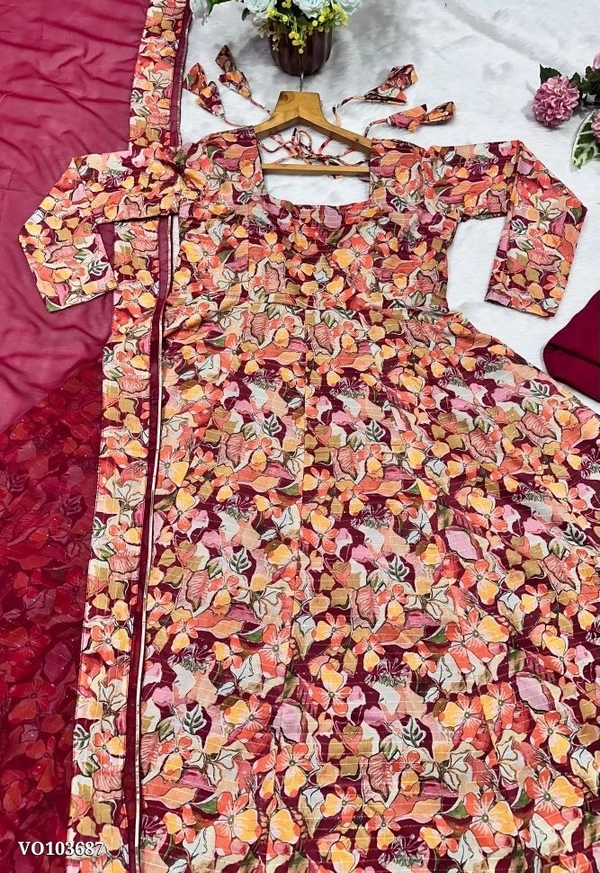 Azorte Fashion N Muslin Cross Embroidery Digital Print Gown Set with Pant & Dupatta - M