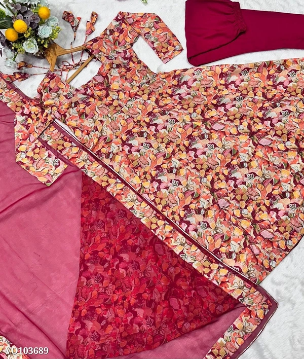 Azorte Fashion N Muslin Cross Embroidery Digital Print Gown Set with Pant & Dupatta - M