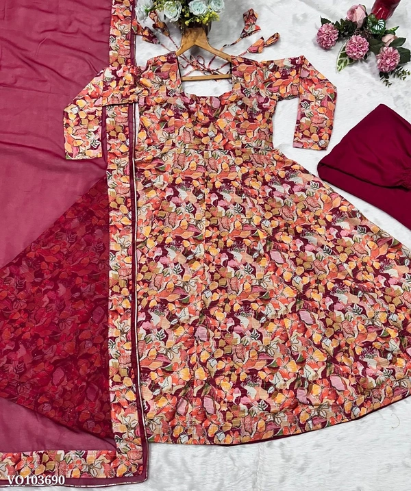 Azorte Fashion N Muslin Cross Embroidery Digital Print Gown Set with Pant & Dupatta - M