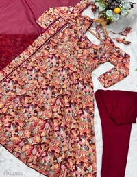 Azorte Fashion N Muslin Cross Embroidery Digital Print Gown Set with Pant & Dupatta - M