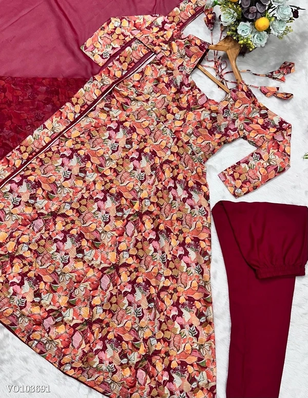 Azorte Fashion N Muslin Cross Embroidery Digital Print Gown Set with Pant & Dupatta - M