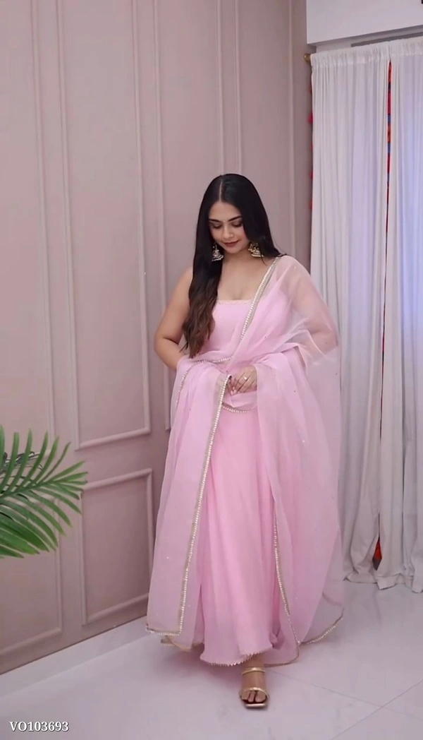 Azorte Fashion N Designer Faux Georgette Embroidered Gown Set with Dupatta – Fully Stitched Ready to Wear - L