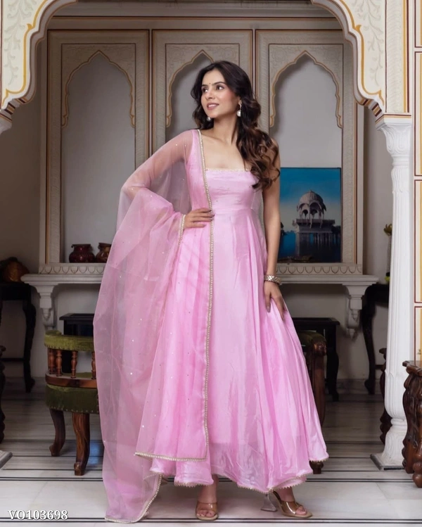 Azorte Fashion N Designer Faux Georgette Embroidered Gown Set with Dupatta – Fully Stitched Ready to Wear - L
