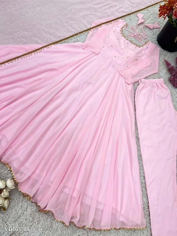 Azorte Fashion N Designer Faux Georgette Embroidered Gown Set with Dupatta – Fully Stitched Ready to Wear - L