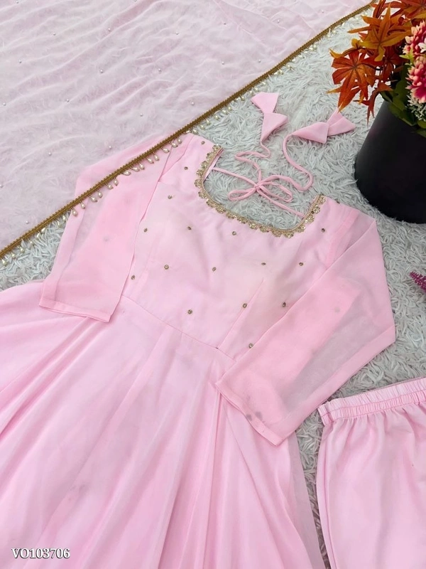 Azorte Fashion N Designer Faux Georgette Embroidered Gown Set with Dupatta – Fully Stitched Ready to Wear - L