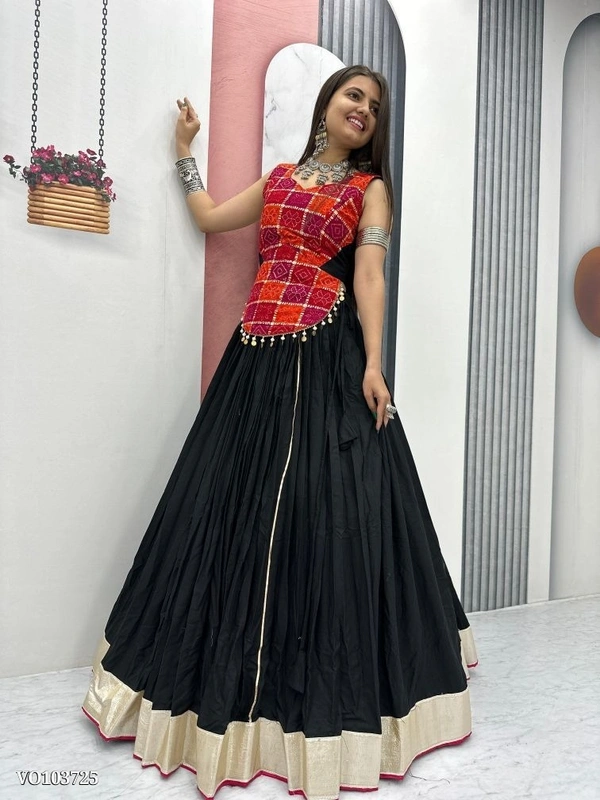 Azorte Fashion N Lehenga Set - Pure Cotton with Foil Print & Lumpi Lace Border | Heavy 6 Meter Flair | Fully Stitched Choli - XL