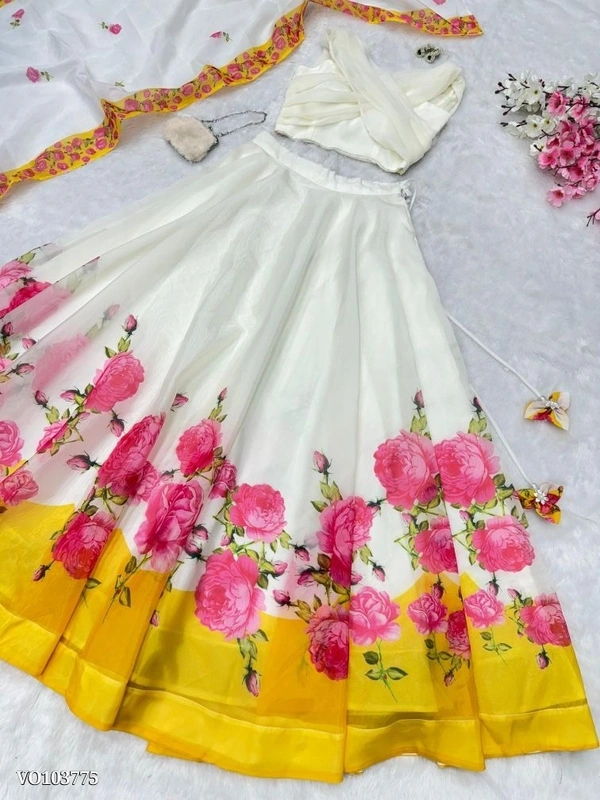 Azorte Fashion N  Floral Jimmy Organza Silk Lehenga Choli Set with Pleated Georgette Padded Blouse & Dupatta – 8 Meter Flair | Fully Stitched  - Free