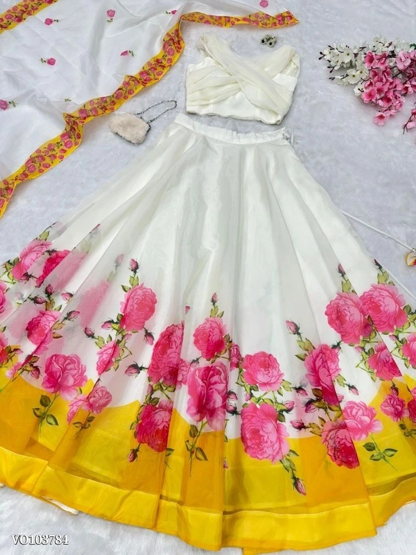Azorte Fashion N  Floral Jimmy Organza Silk Lehenga Choli Set with Pleated Georgette Padded Blouse & Dupatta – 8 Meter Flair | Fully Stitched  - Free