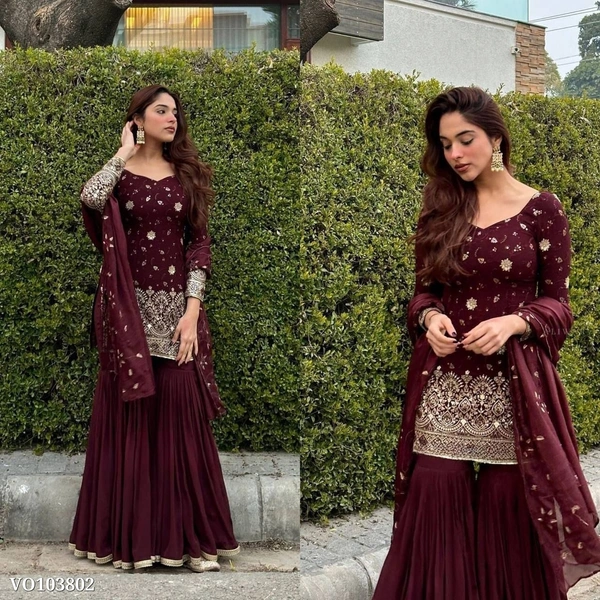 Azorte fashion N Heavy Shinon Silk Embroidered Sharara Suit Set with Dupatta – Premium Wedding Wear - L