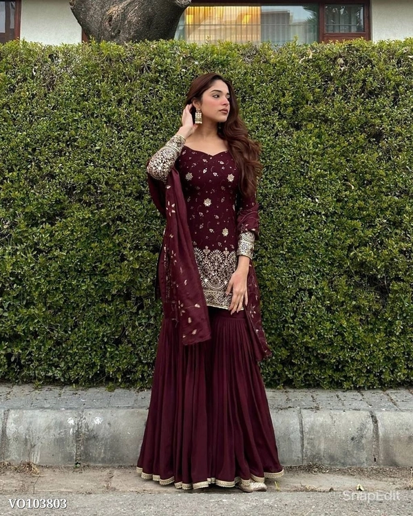 Azorte fashion N Heavy Shinon Silk Embroidered Sharara Suit Set with Dupatta – Premium Wedding Wear - L