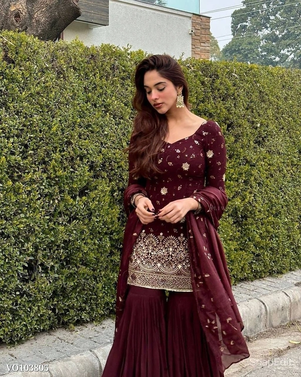 Azorte fashion N Heavy Shinon Silk Embroidered Sharara Suit Set with Dupatta – Premium Wedding Wear - L