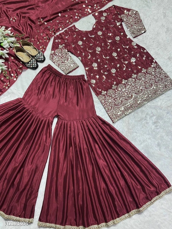 Azorte fashion N Heavy Shinon Silk Embroidered Sharara Suit Set with Dupatta – Premium Wedding Wear - L