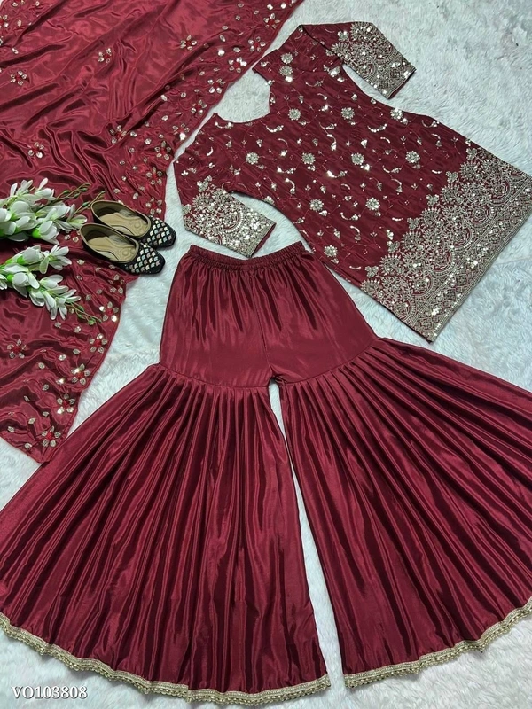 Azorte fashion N Heavy Shinon Silk Embroidered Sharara Suit Set with Dupatta – Premium Wedding Wear - L
