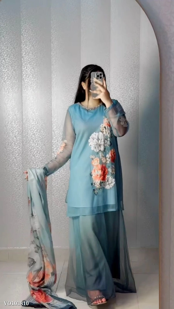 Azorte Fashion N Fox Georgette Digital Print Sharara Suit Set with Real Khatali Hand Work & Organza Silk Dupatta – Fully Stitched - XL 42