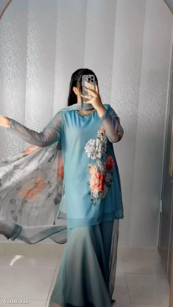 Azorte Fashion N Fox Georgette Digital Print Sharara Suit Set with Real Khatali Hand Work & Organza Silk Dupatta – Fully Stitched - XL 42