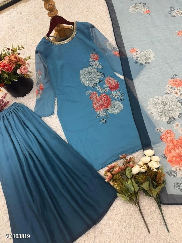 Azorte Fashion N Fox Georgette Digital Print Sharara Suit Set with Real Khatali Hand Work & Organza Silk Dupatta – Fully Stitched - XL 42