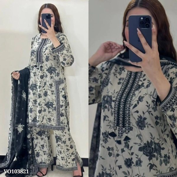 Azorte Fashion N Digital Print Natural Crepe Suit Set with Palazzo & Chiffon Georgette Dupatta – Fully Stitched - XL 42