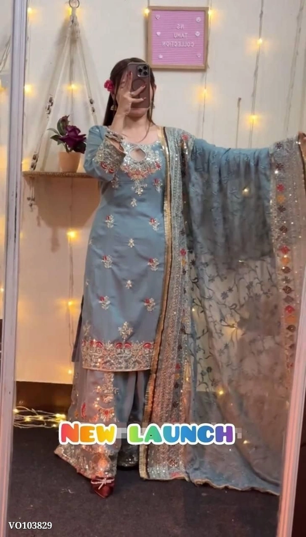 Azorte Fashion N Embroidered Heavy Fox Georgette Party Wear Top, Sharara Palazzo & Dupatta Set – Fully Stitched  - XXL 44