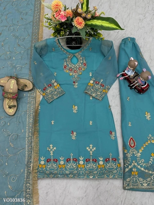 Azorte Fashion N Embroidered Heavy Fox Georgette Party Wear Top, Sharara Palazzo & Dupatta Set – Fully Stitched  - XXL 44