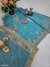 Azorte Fashion N Embroidered Heavy Fox Georgette Party Wear Top, Sharara Palazzo & Dupatta Set – Fully Stitched  - XXL 44