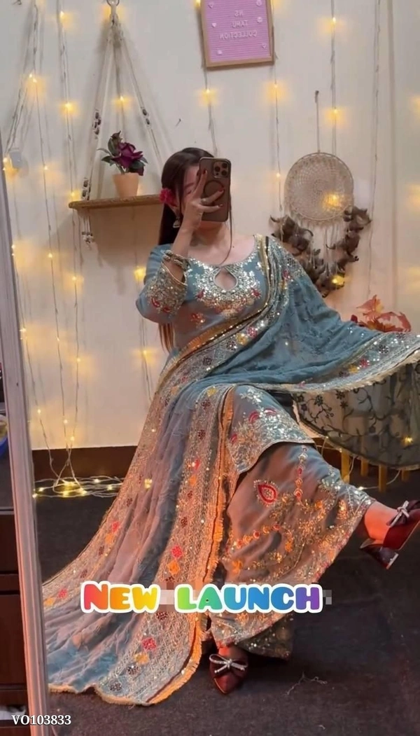 Azorte Fashion N Embroidered Heavy Fox Georgette Party Wear Top, Sharara Palazzo & Dupatta Set – Fully Stitched  - XXL 44