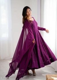 Azorte Fashion N Premium Lucknowi Fox Georgette Anarkali Gown Set with Ruffle Dupatta & Pant – Fully Stitched, Padded & Canvas Patta Flair - M