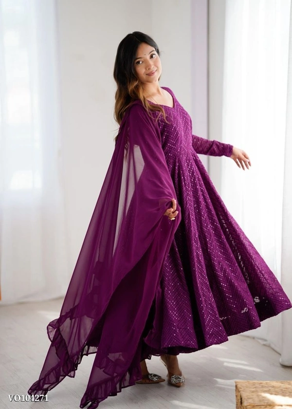 Azorte Fashion N Premium Lucknowi Fox Georgette Anarkali Gown Set with Ruffle Dupatta & Pant – Fully Stitched, Padded & Canvas Patta Flair - M