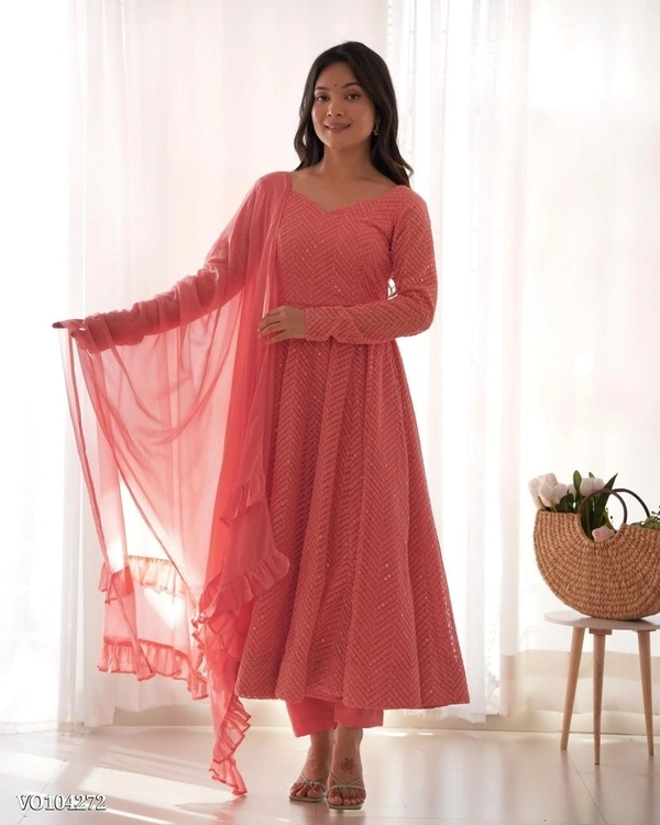 Azorte Fashion N Premium Lucknowi Fox Georgette Anarkali Gown Set with Ruffle Dupatta & Pant – Fully Stitched, Padded & Canvas Patta Flair - S