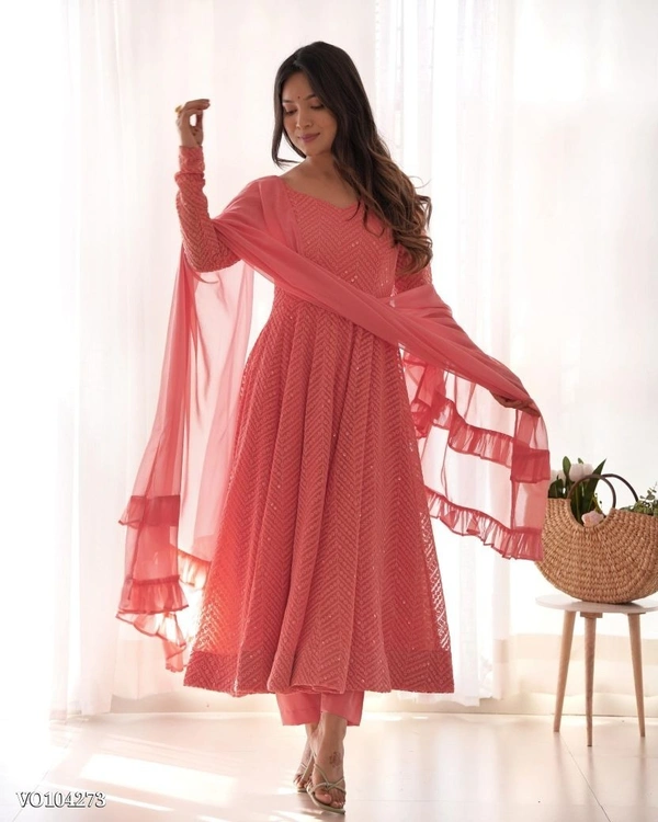Azorte Fashion N Premium Lucknowi Fox Georgette Anarkali Gown Set with Ruffle Dupatta & Pant – Fully Stitched, Padded & Canvas Patta Flair - S