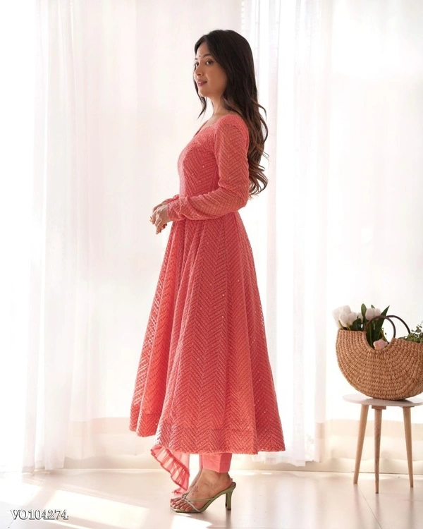 Azorte Fashion N Premium Lucknowi Fox Georgette Anarkali Gown Set with Ruffle Dupatta & Pant – Fully Stitched, Padded & Canvas Patta Flair - S