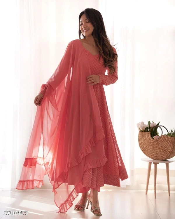 Azorte Fashion N Premium Lucknowi Fox Georgette Anarkali Gown Set with Ruffle Dupatta & Pant – Fully Stitched, Padded & Canvas Patta Flair - S