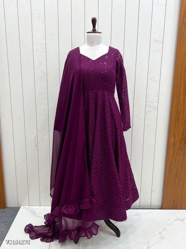 Azorte Fashion N Premium Lucknowi Fox Georgette Anarkali Gown Set with Ruffle Dupatta & Pant – Fully Stitched, Padded & Canvas Patta Flair - M