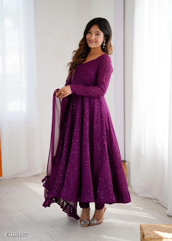 Azorte Fashion N Premium Lucknowi Fox Georgette Anarkali Gown Set with Ruffle Dupatta & Pant – Fully Stitched, Padded & Canvas Patta Flair - M