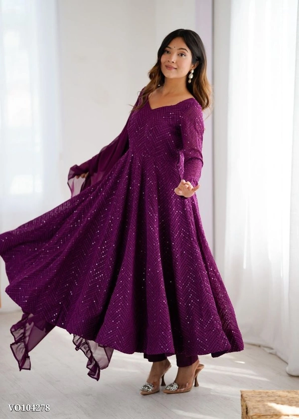 Azorte Fashion N Premium Lucknowi Fox Georgette Anarkali Gown Set with Ruffle Dupatta & Pant – Fully Stitched, Padded & Canvas Patta Flair - M
